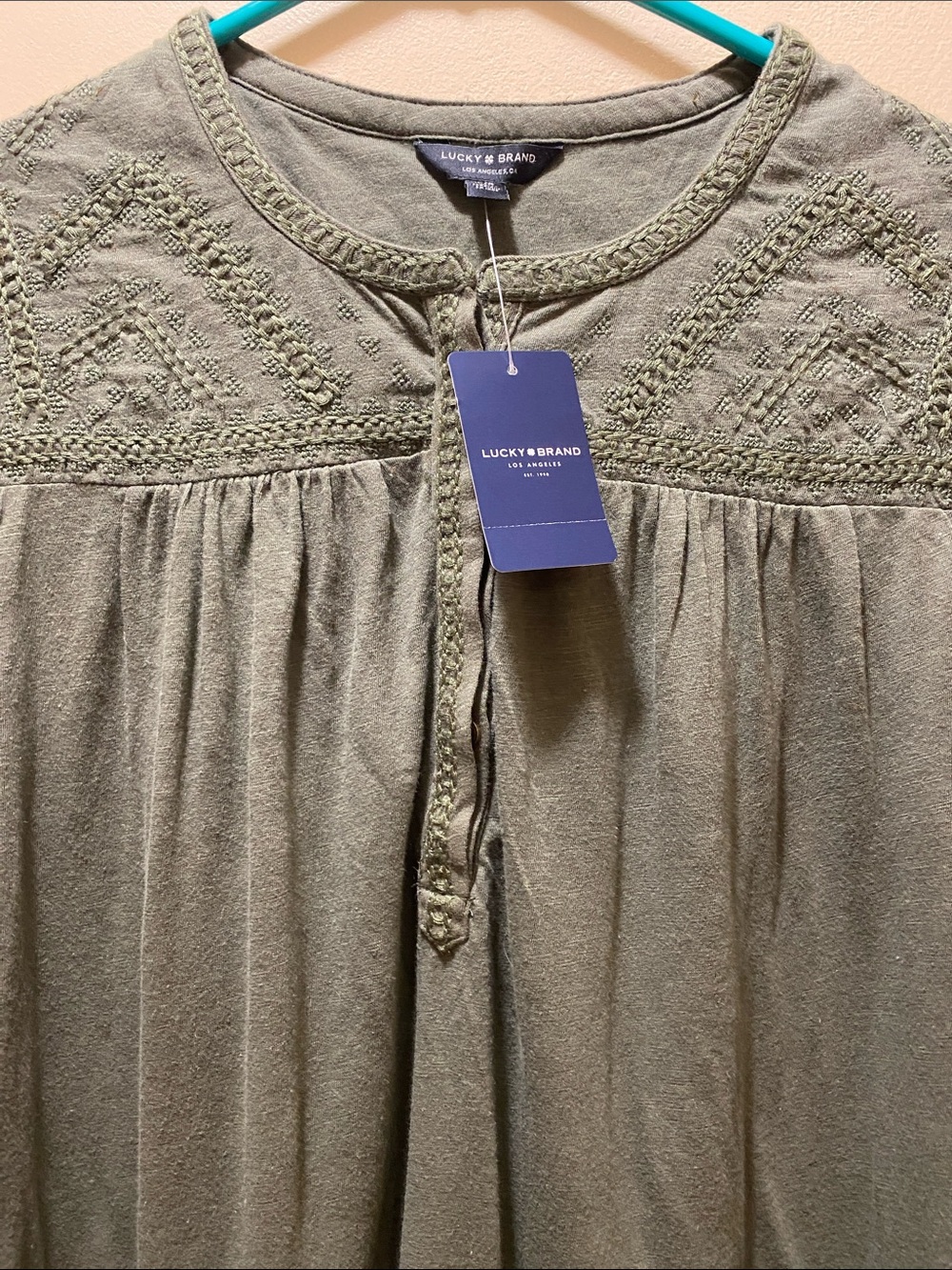 Lucky Brand Olive Embroidered Yoke 3/4 Sleeve Tunic Large NWT Collegiate Office - Picture 3 of 11